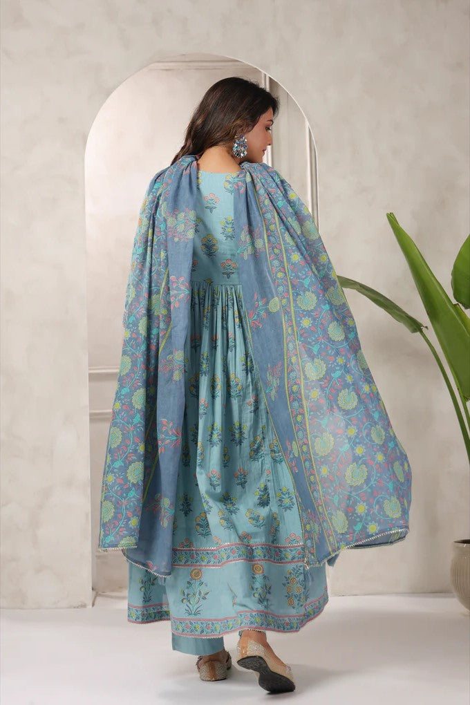 Blue Floral Printed Anarkali Kurta Set