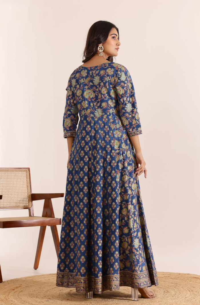 Modern Grace: Blue Anarkali Dress with Floral Dupatta and Sequined Detailing