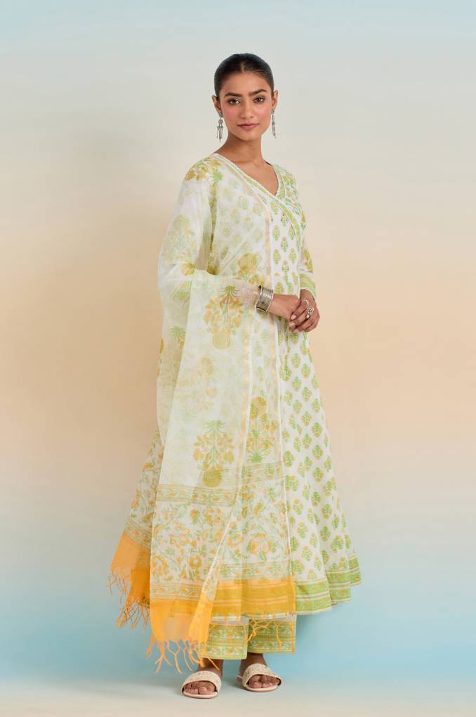 Refined Grace: White and Green Floral Anarkali with Printed Bottom, Lace Yoke, and Floral Dupatta