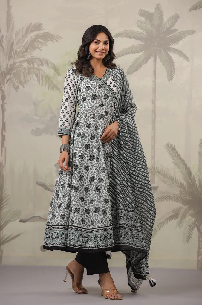 Black and White Floral Printed Angrakha Kurta Set