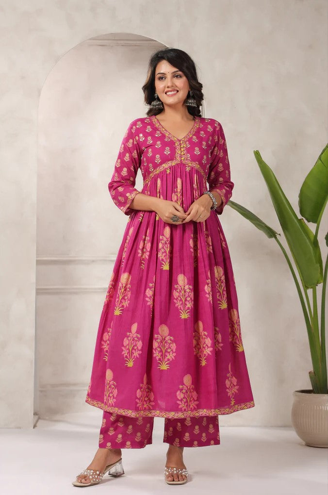 Pink Floral Printed Anarkali Kurta Set