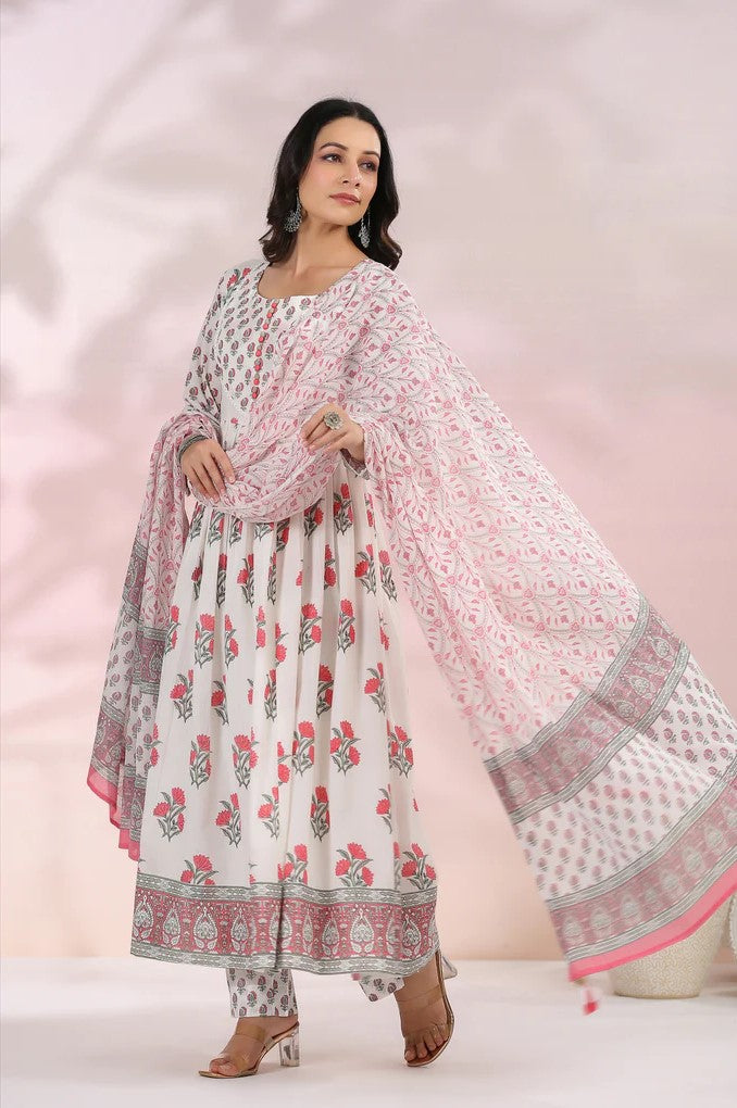 White and Red Floral Printed Anarkali Suit Set