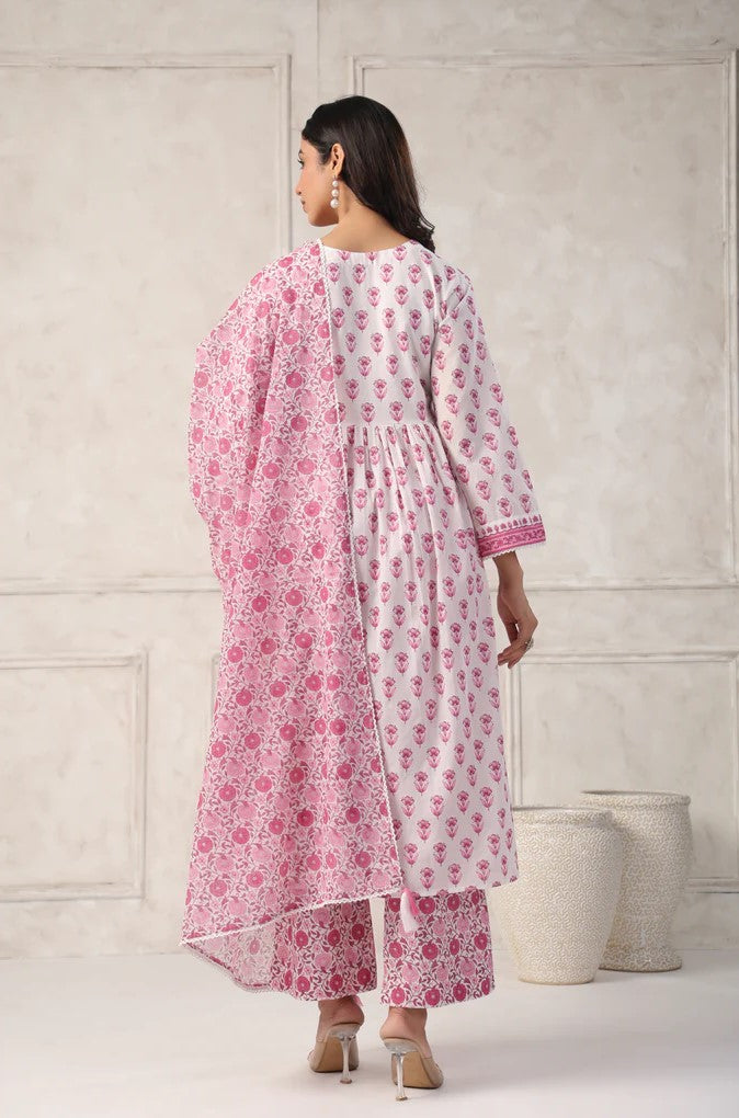 Pink and White Floral Printed Anarkali Kurta Set