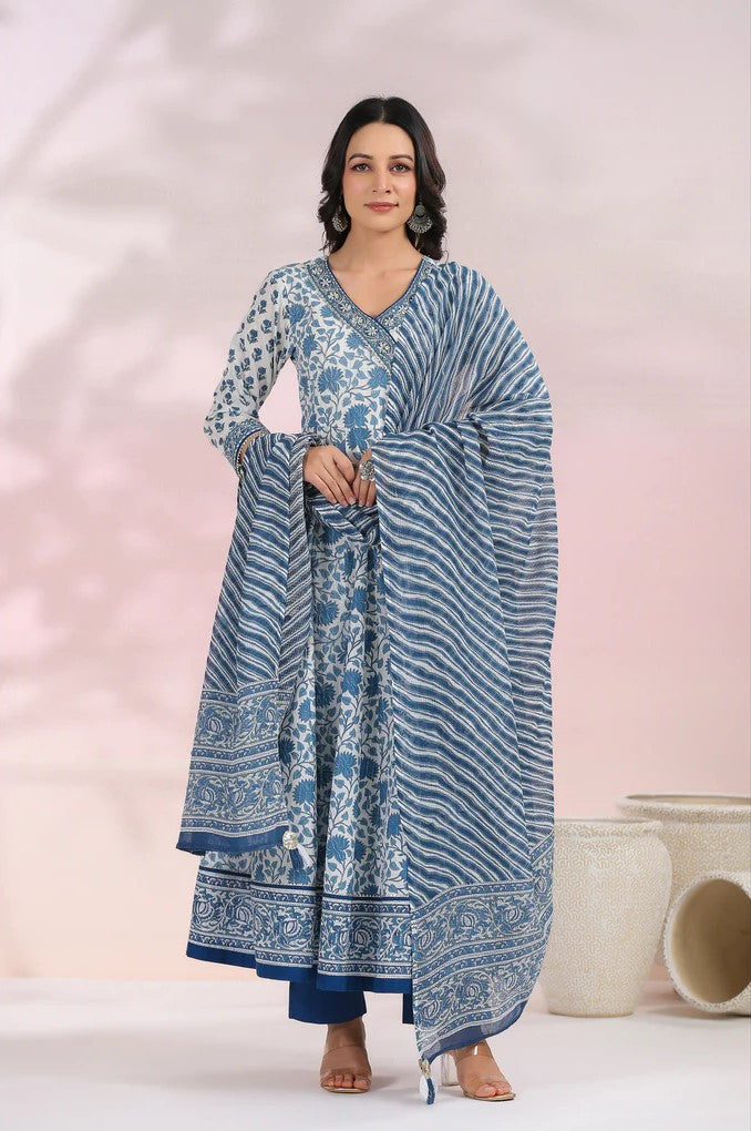 Blue and White Floral Printed Angrakha Kurta Set