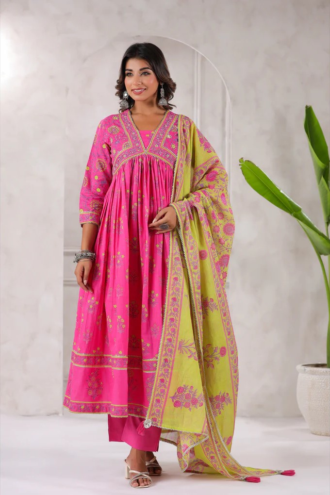 Pink Floral Printed Anarkali Kurta set