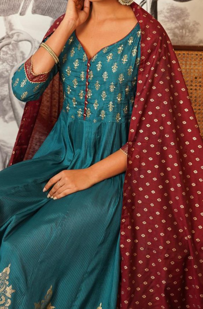 Teal Tranquility: Anarkali with Foil Prints and Tassel Dupatta