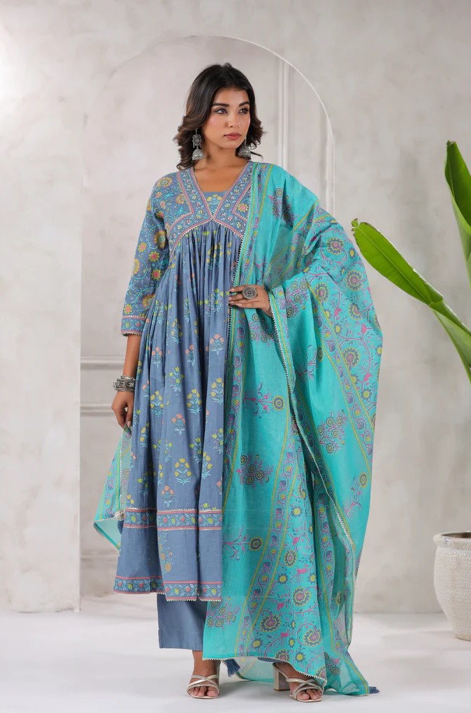 Grey Floral Printed Anarkali Kurta Set