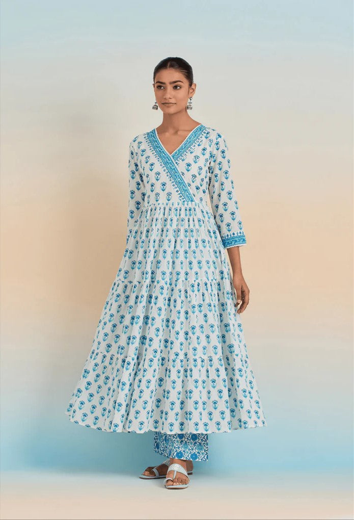 Blue and White Floral Printed Anarkali Kurta Set