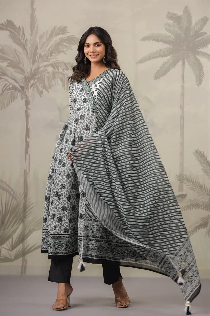 Black and White Floral Printed Angrakha Kurta Set