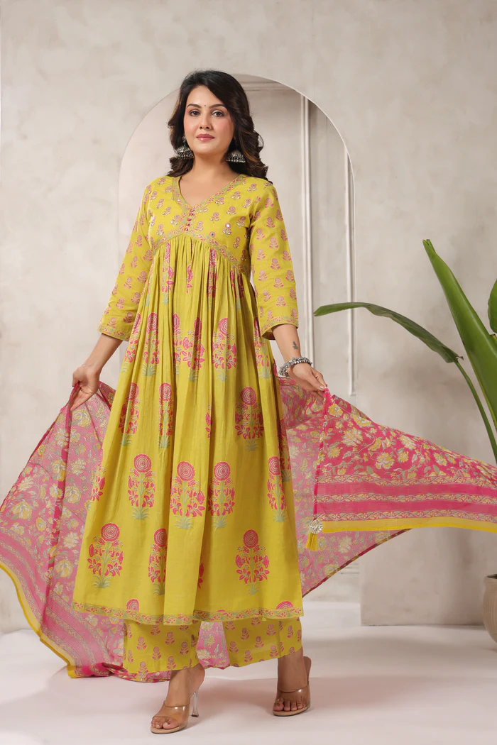 Mustard Yellow Floral Printed Anarkali Kurta Set