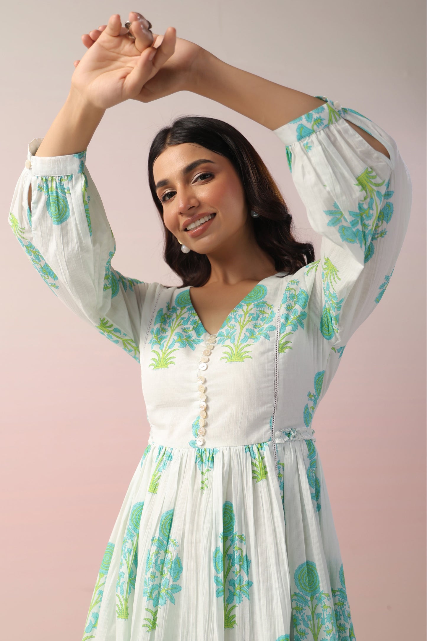 White-Aqua Floral Printed Cotton Tunic