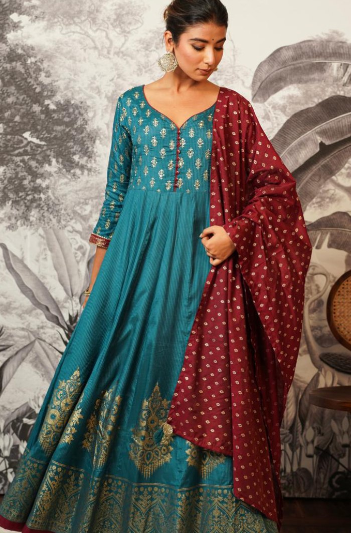 Teal Tranquility: Anarkali with Foil Prints and Tassel Dupatta