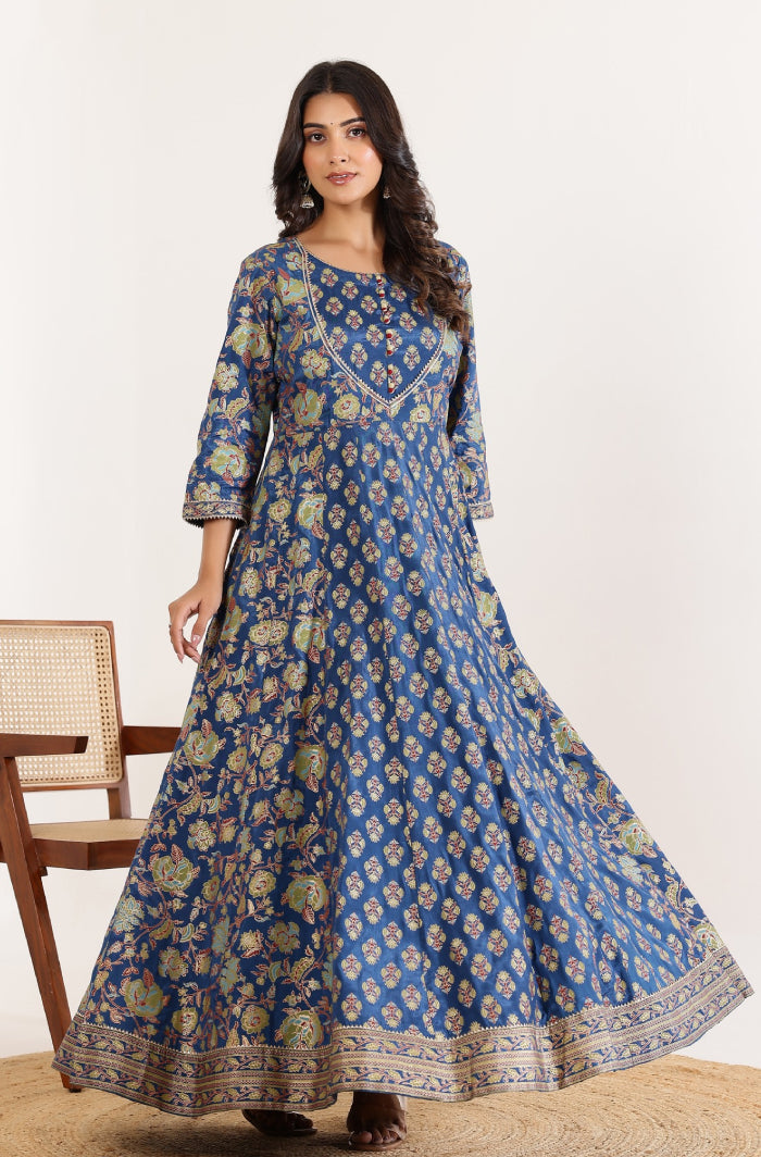Modern Grace: Blue Anarkali Dress with Floral Dupatta and Sequined Detailing