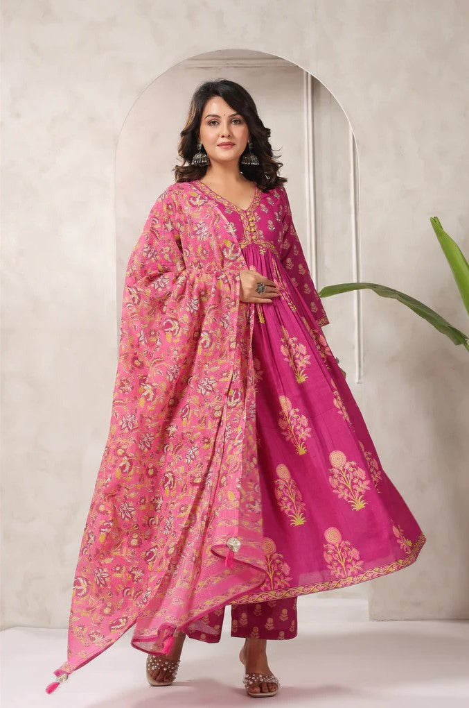 Pink Floral Printed Anarkali Kurta Set