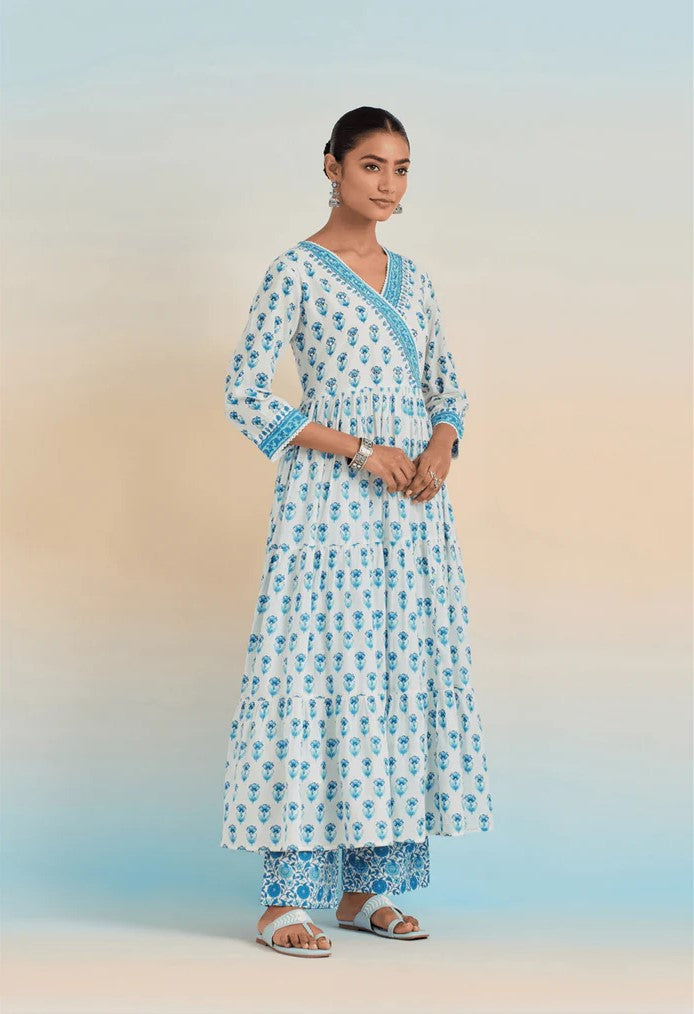 Blue and White Floral Printed Anarkali Kurta Set