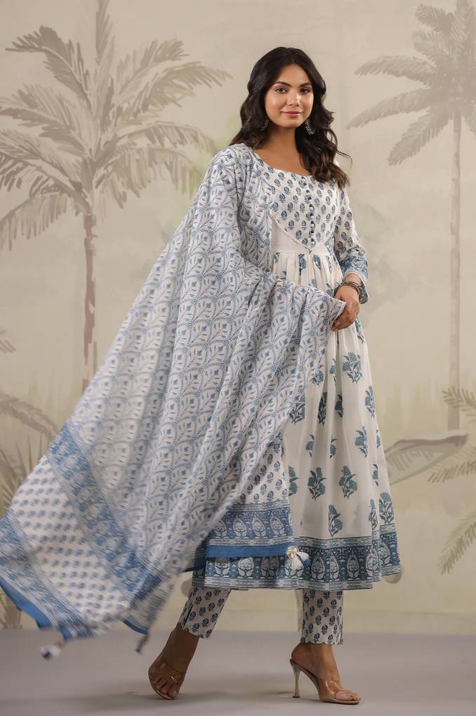 White and Blue Floral Printed Anarkali suit Set