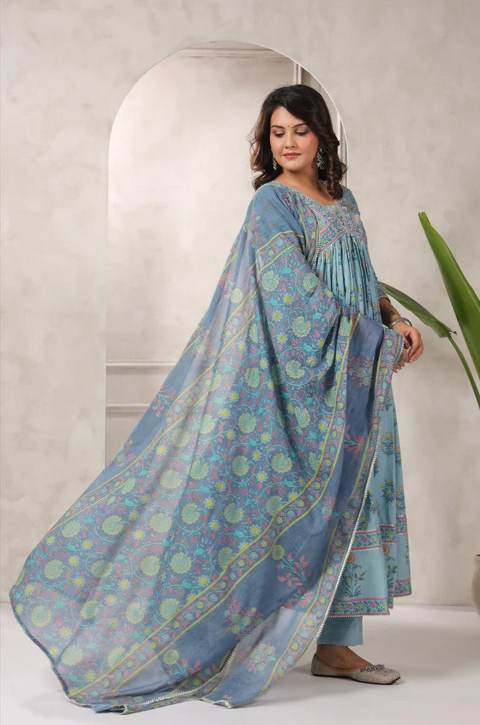 Blue Floral Printed Anarkali Kurta Set