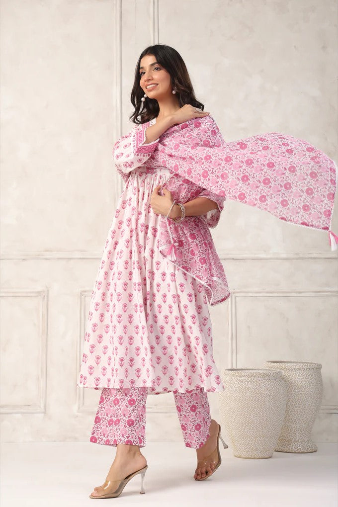 Pink and White Floral Printed Anarkali Kurta Set