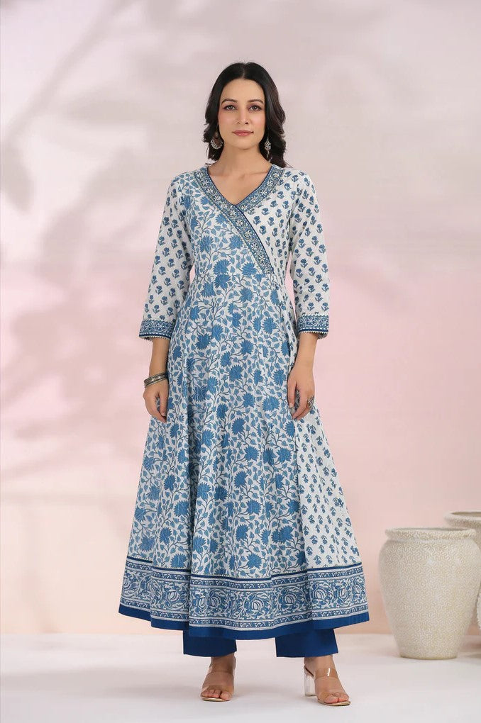 Blue and White Floral Printed Angrakha Kurta Set