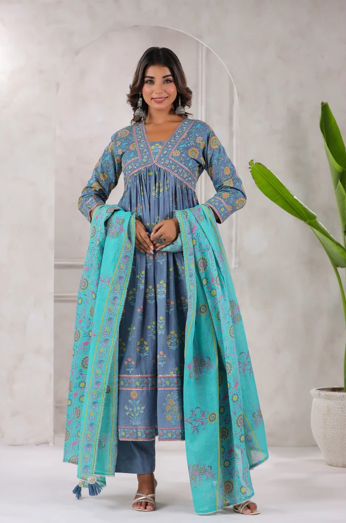 Grey Floral Printed Anarkali Kurta Set