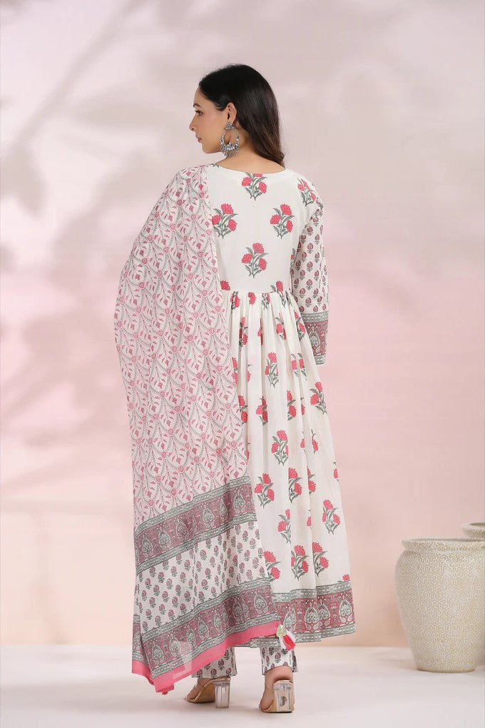 White and Red Floral Printed Anarkali Suit Set
