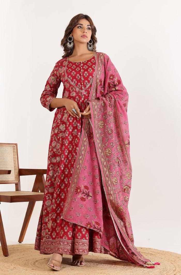 Red Floral Printed Anarkali Dress with Floral Printed Dupatta