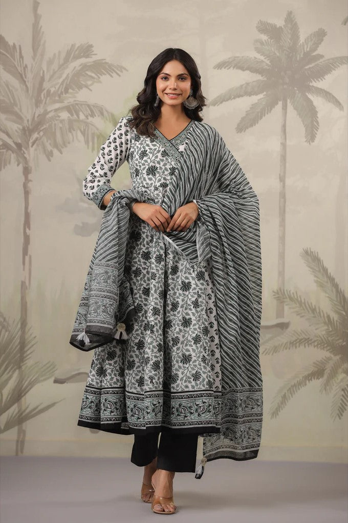 Black and White Floral Printed Angrakha Kurta Set