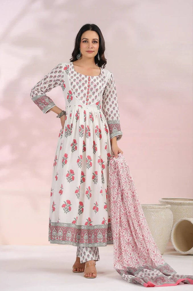 White and Red Floral Printed Anarkali Suit Set