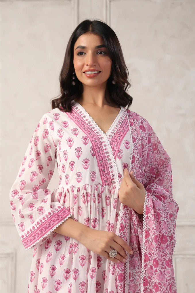 Pink and White Floral Printed Anarkali Kurta Set