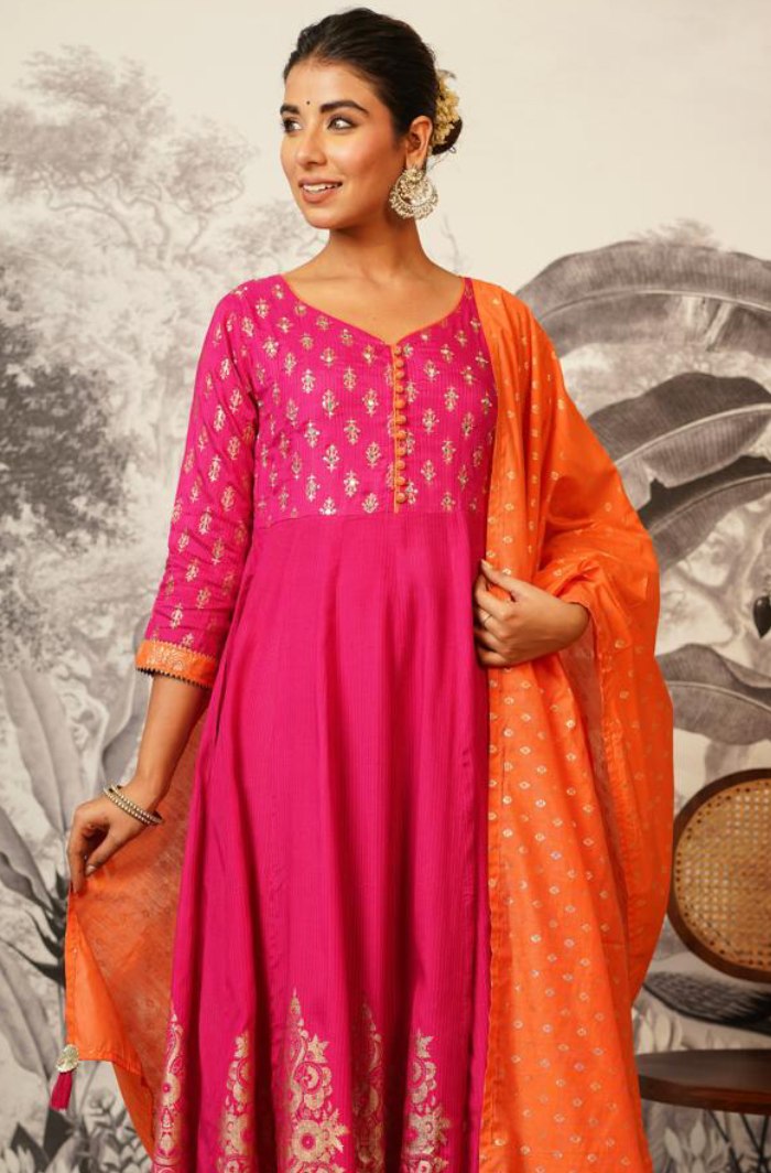 Fiery Elegance: Magenta Anarkali with Orange Dupatta and Foil Accents