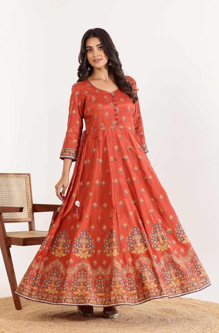 Orange Floral Anarkali Dress with Floral Jaal Printed Dupatta