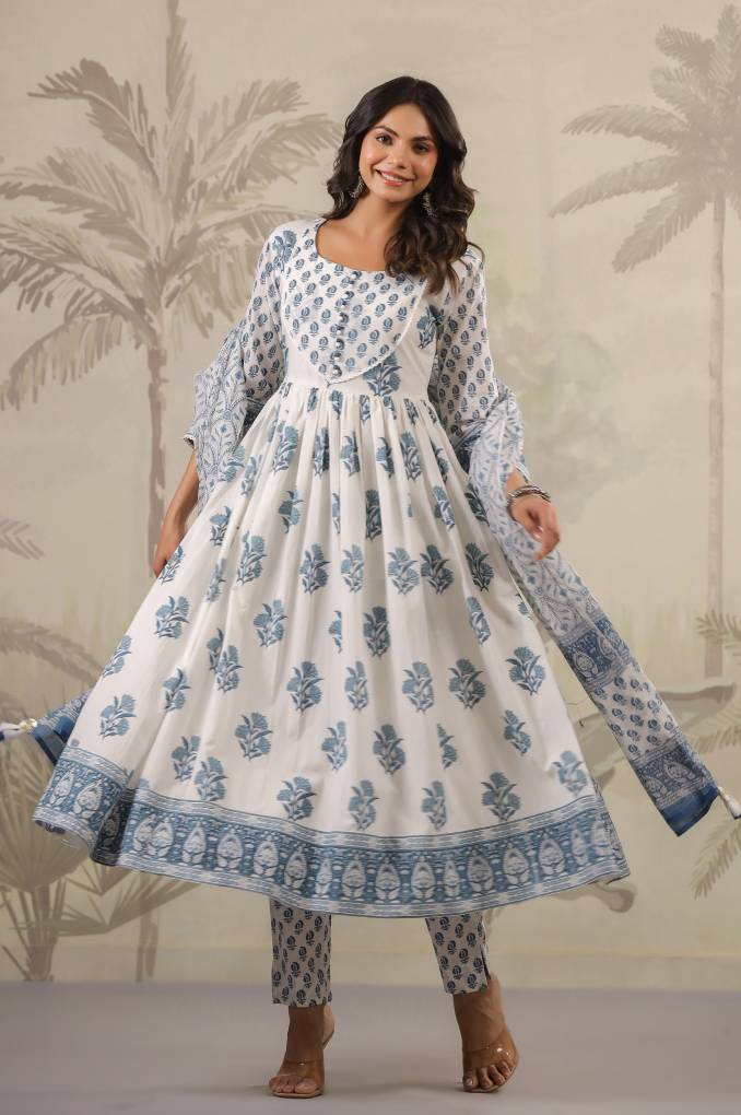 White and Blue Floral Printed Anarkali suit Set