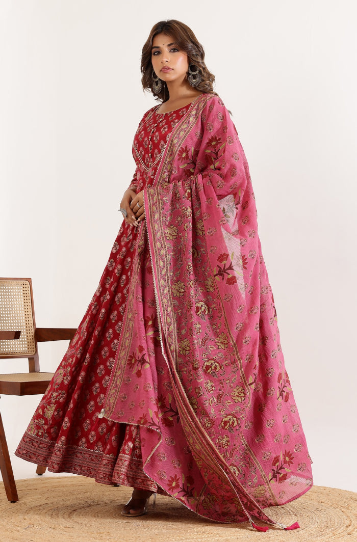 Red Floral Printed Anarkali Dress with Floral Printed Dupatta