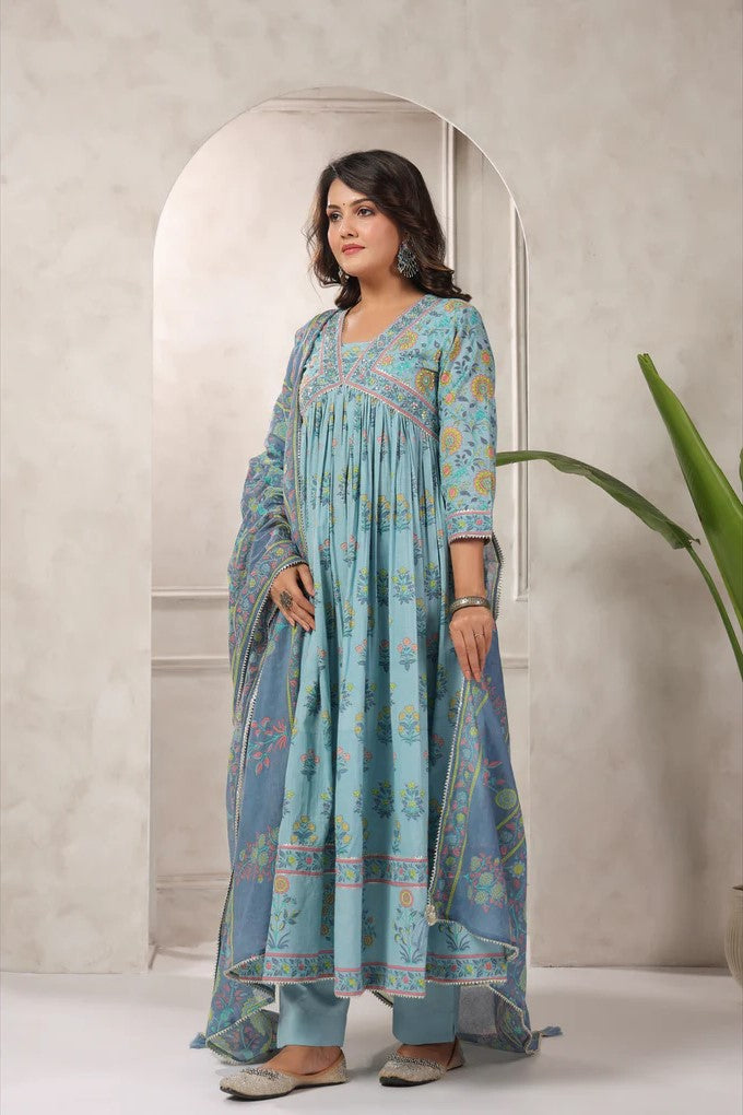 Blue Floral Printed Anarkali Kurta Set