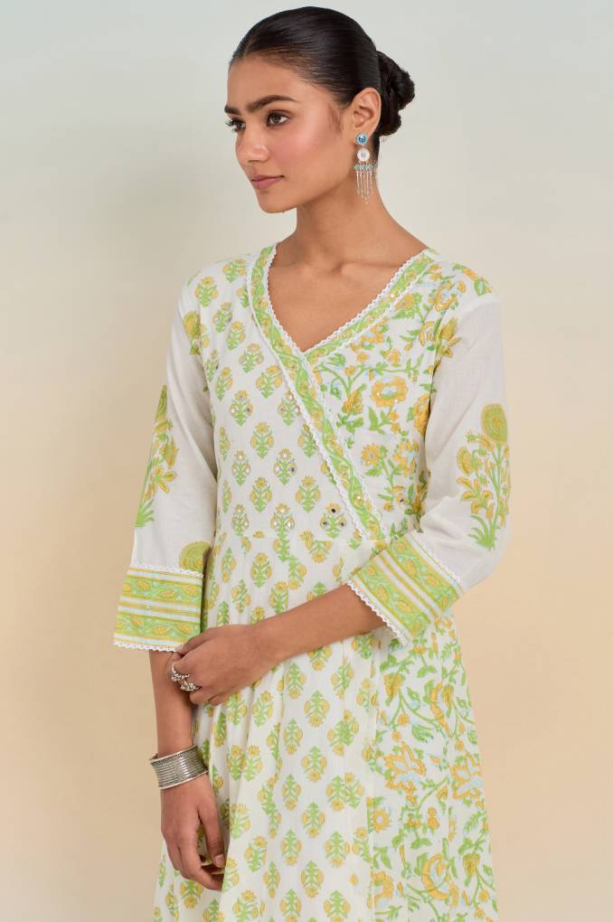 Refined Grace: White and Green Floral Anarkali with Printed Bottom, Lace Yoke, and Floral Dupatta
