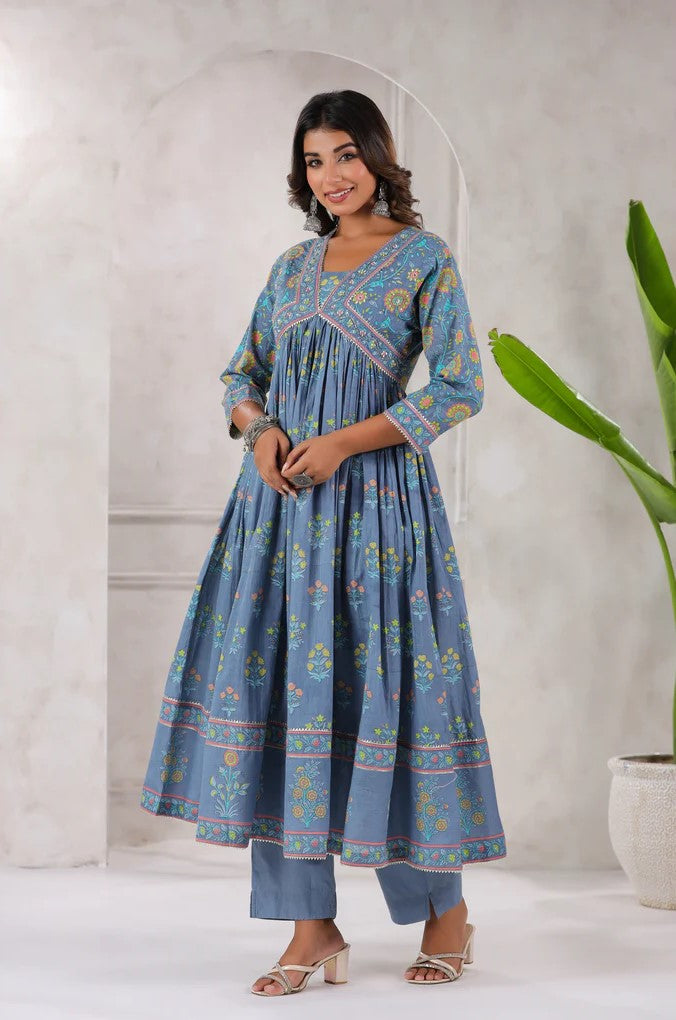 Grey Floral Printed Anarkali Kurta Set