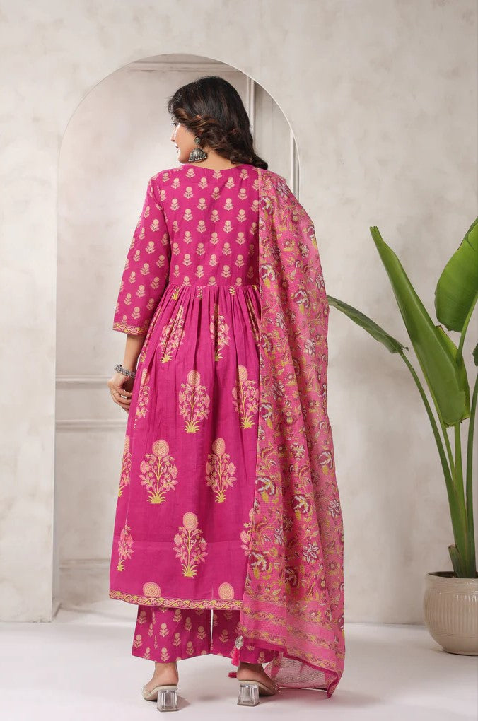 Pink Floral Printed Anarkali Kurta Set