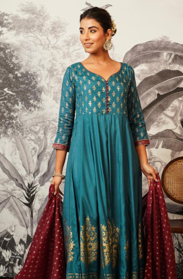 Teal Tranquility: Anarkali with Foil Prints and Tassel Dupatta