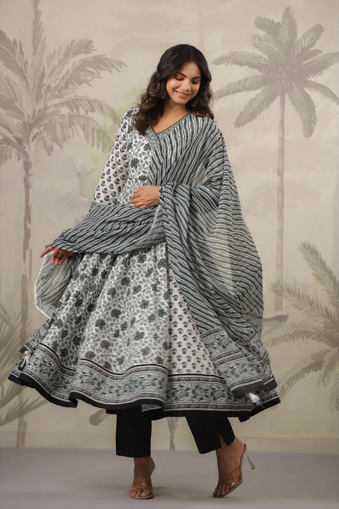 Black and White Floral Printed Angrakha Kurta Set