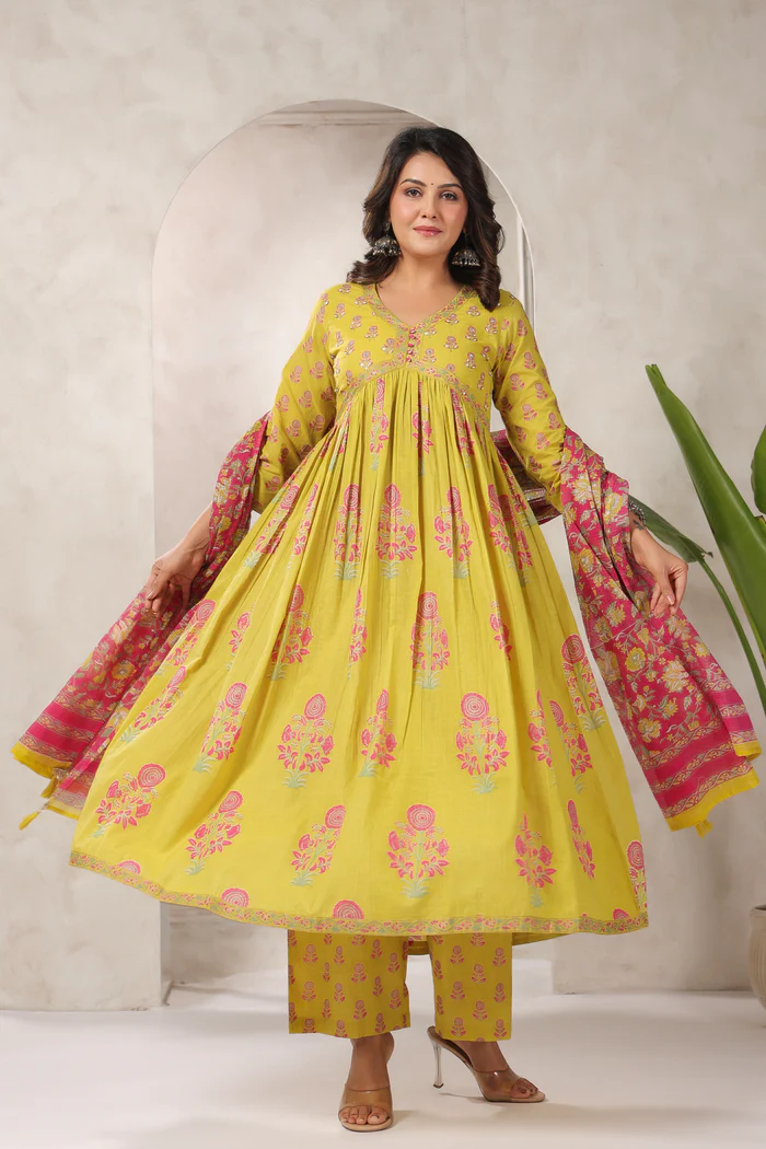 Mustard Yellow Floral Printed Anarkali Kurta Set