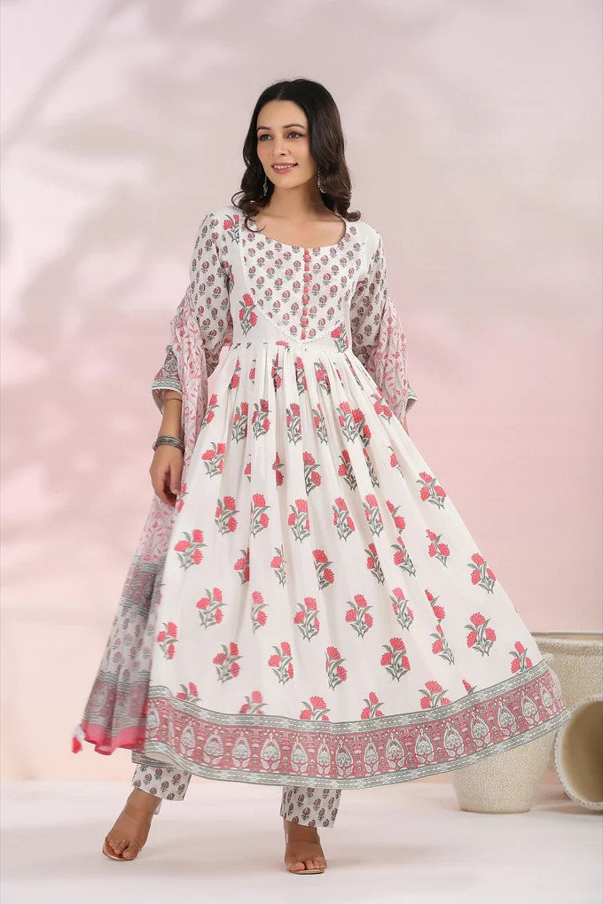 White and Red Floral Printed Anarkali Suit Set