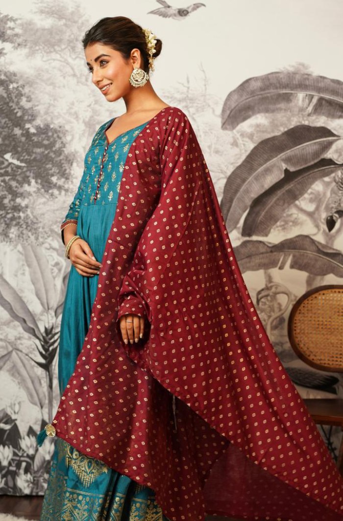 Teal Tranquility: Anarkali with Foil Prints and Tassel Dupatta