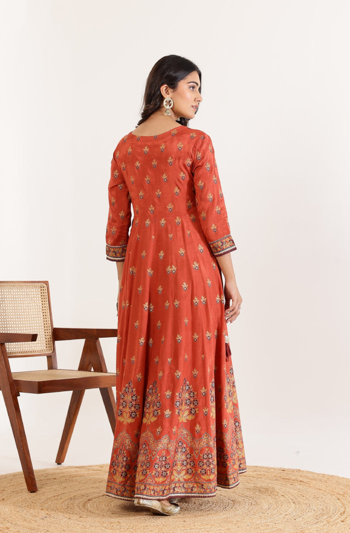 Orange Floral Anarkali Dress with Floral Jaal Printed Dupatta