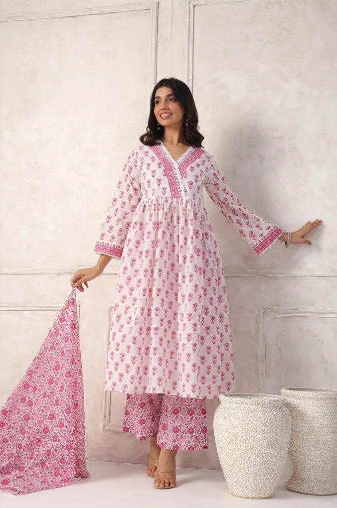 Pink and White Floral Printed Anarkali Kurta Set