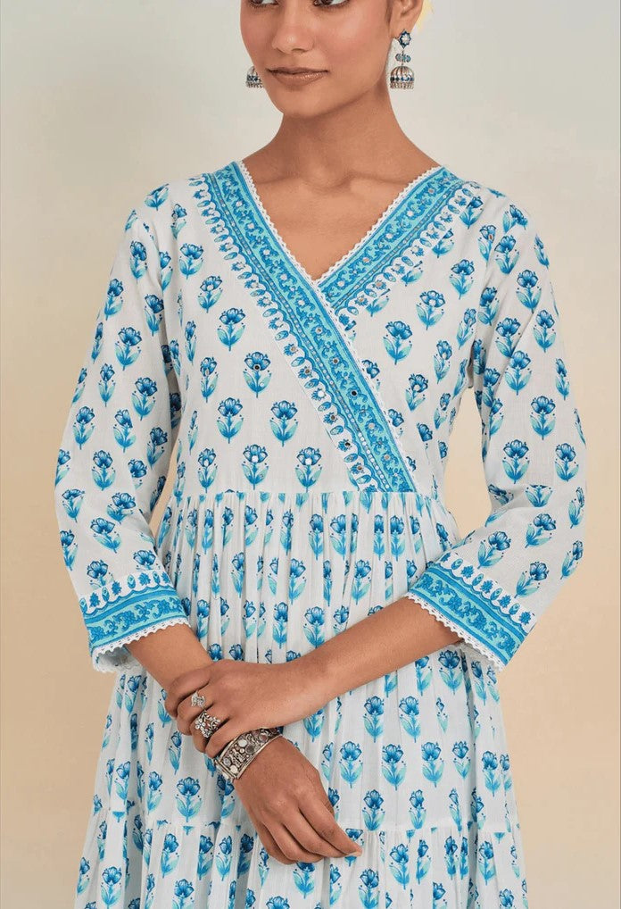 Blue and White Floral Printed Anarkali Kurta Set
