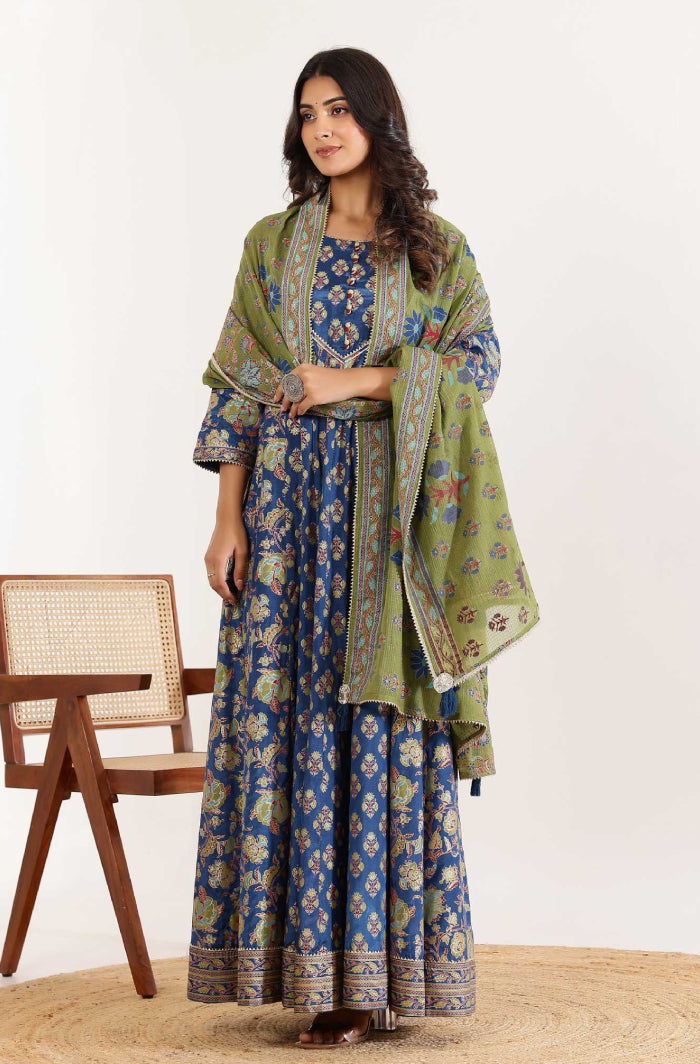 Modern Grace: Blue Anarkali Dress with Floral Dupatta and Sequined Detailing