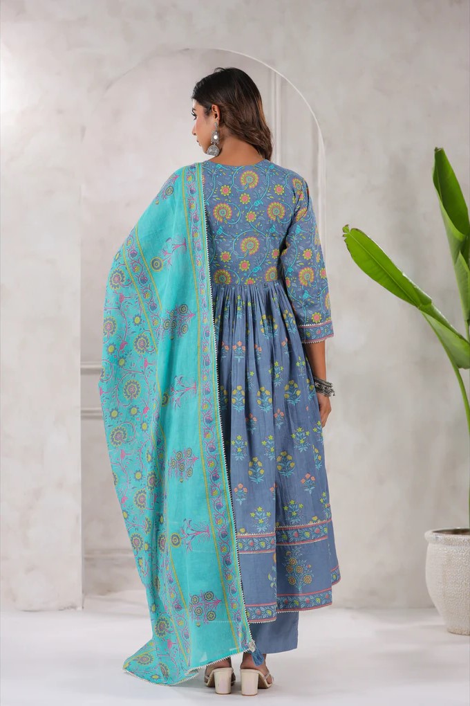 Grey Floral Printed Anarkali Kurta Set