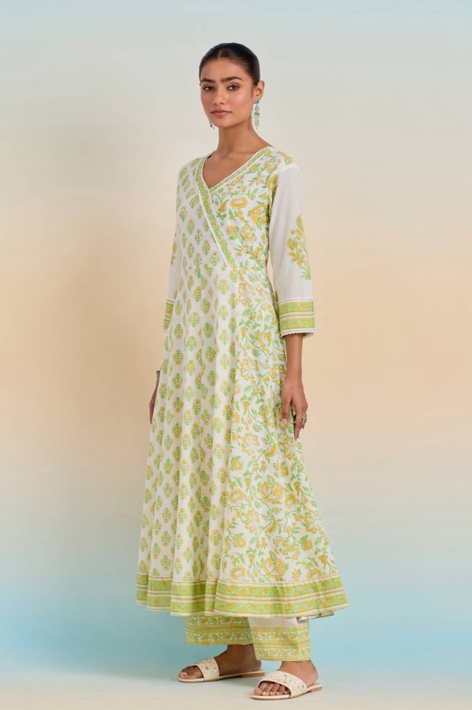 Refined Grace: White and Green Floral Anarkali with Printed Bottom, Lace Yoke, and Floral Dupatta