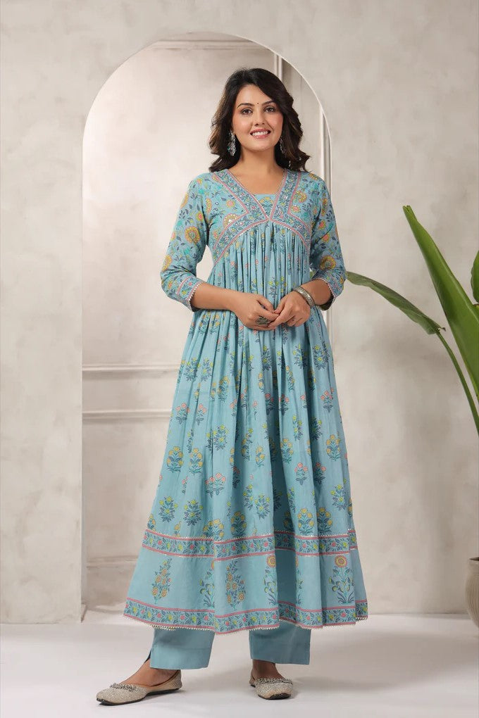 Blue Floral Printed Anarkali Kurta Set