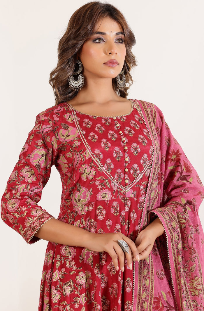 Red Floral Printed Anarkali Dress with Floral Printed Dupatta